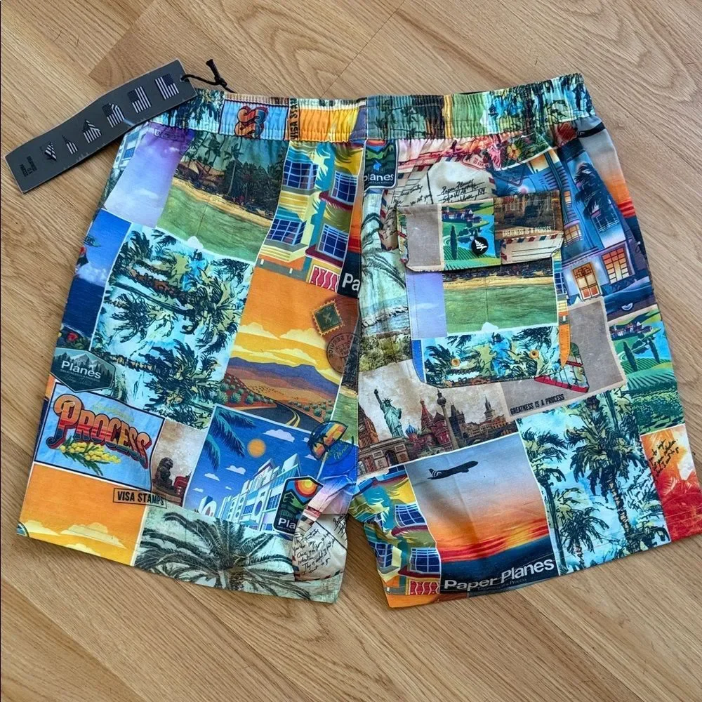 NWT Paper Planes Men’s Multicolor Swim Shorts Vacation Theme Medium